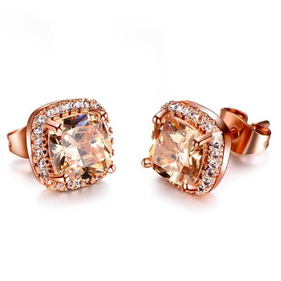 Rose Gold Princess Cut Champagne Topaz Stud Earrings - Picture 1 of 4
